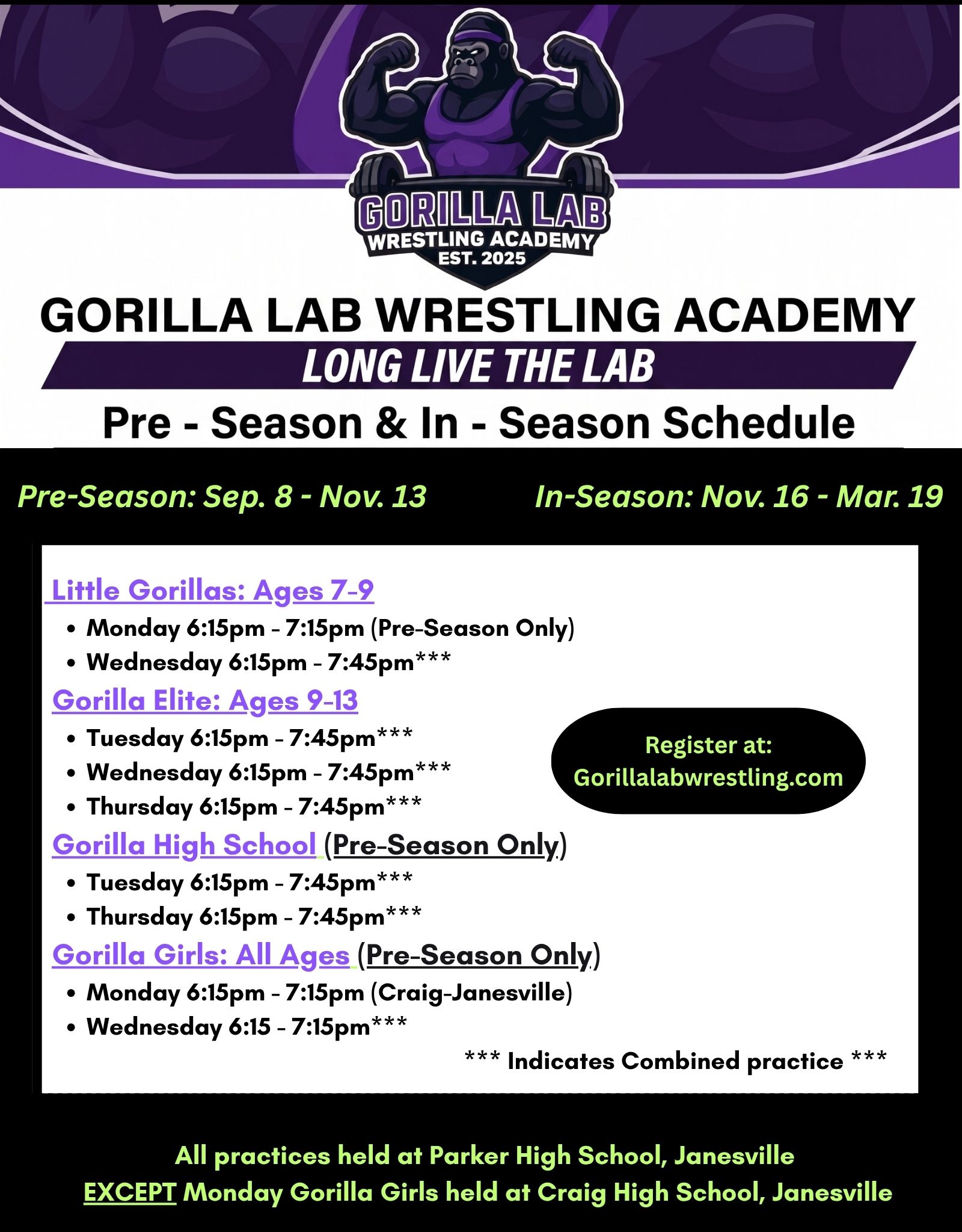 Pre-Season and In-Season sessions flyer - Gorilla Lab Wrestling Academy